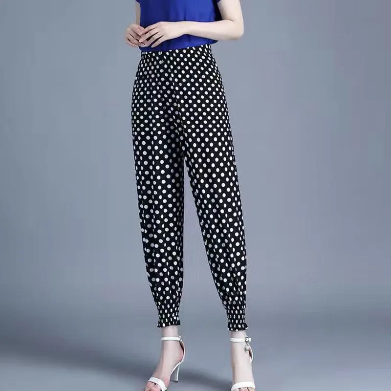 Summer Pants Women Cool Rayon Loose Drawstring Print Dot Casual Mom Sweatpants Big Size Fashion Harem Print Trousers