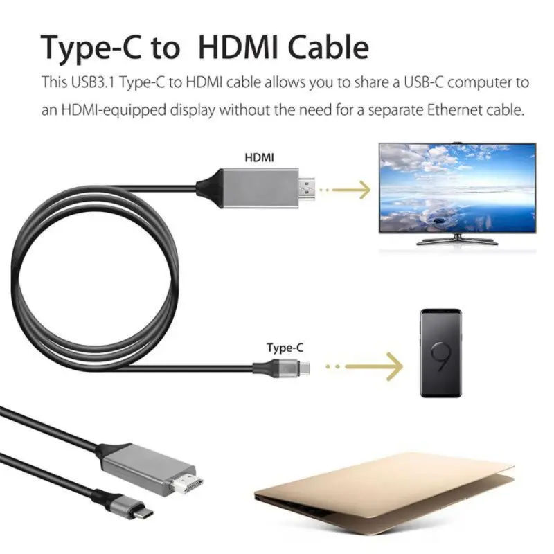 

2m Universal USB 3.1 Type-C to HDMI Cable HDTV Cable Adapter For Phone Laptop to TV Projector Monitor