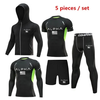

5 pieces / set men's sports suit track and field compression sportswear quick-drying running clothes, gym fitness training set