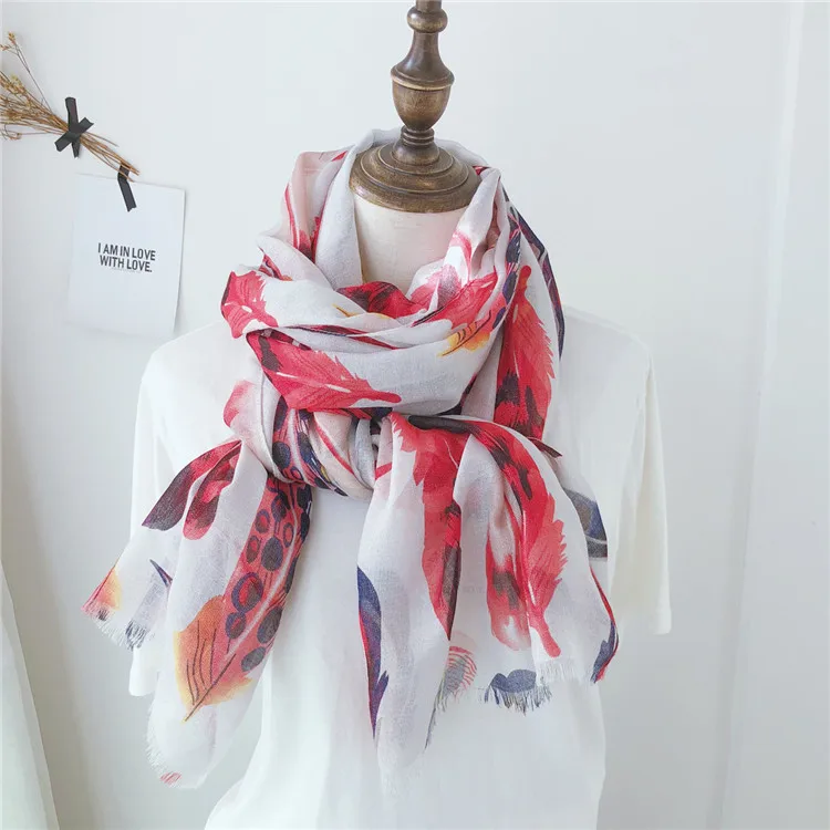 Осенний шарф женский с принтом перьев Хиджаб шарф обертывание для леди foulard femme