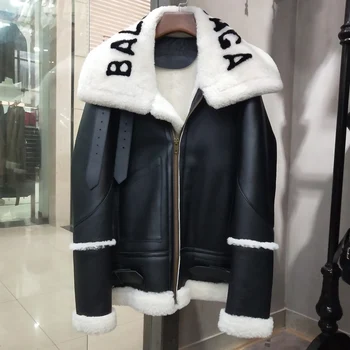 

Natural real sheep fur coat winter women men Pattern letters genuine leather jacket original sheepskin coats thick warm clothes