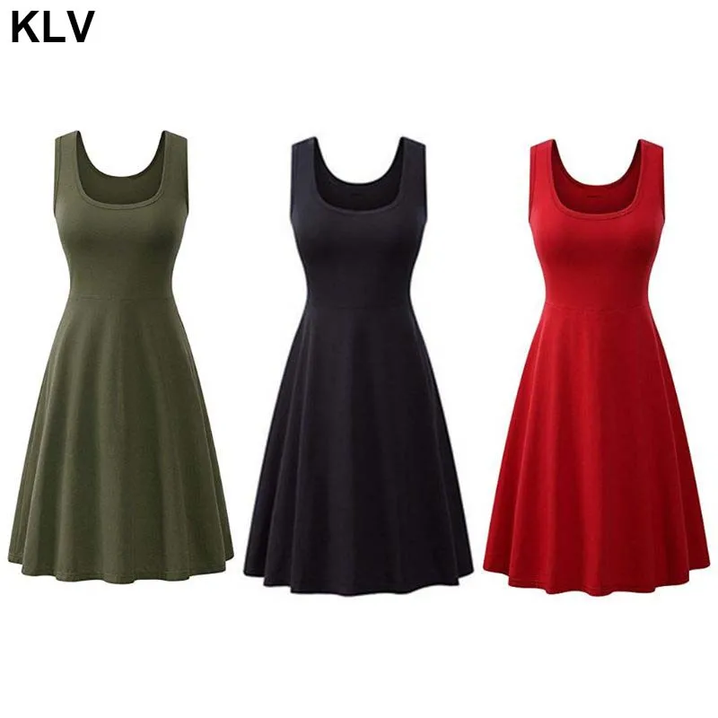 

Womens Plus Size Sleeveless U Neck Midi Long Flared Tank Dress Solid Color High Waist Summer Party Casual Simple Sundress S-3XL