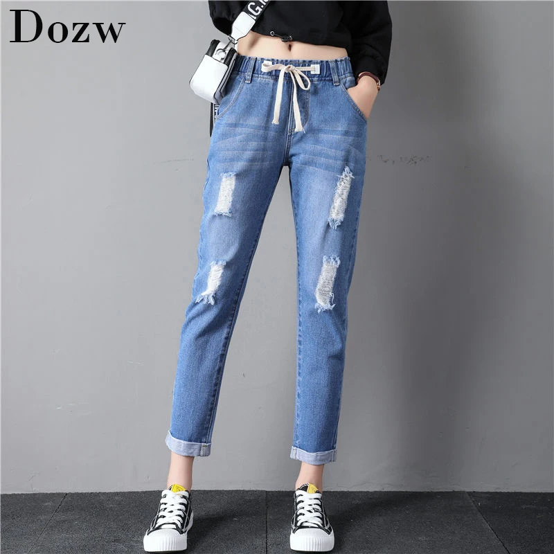Женские джинсовые штаны,, до щиколотки, шаровары, на талии, с завязками, с кисточками, рваные джинсовые штаны, джинсы