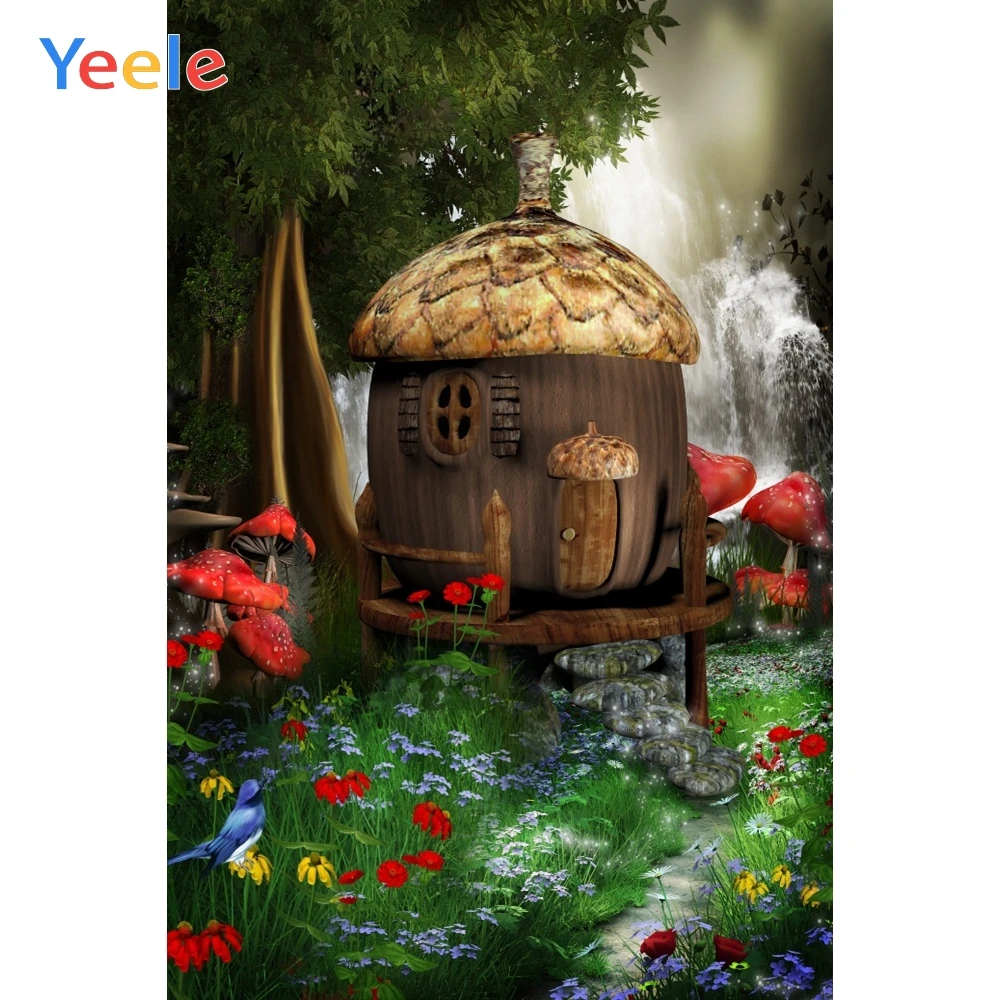 

Fairytale Dreamy Forest Flowers Mushroom House Baby Portrait Photography Background Party Decor Photo Backdrop For Photo Studio