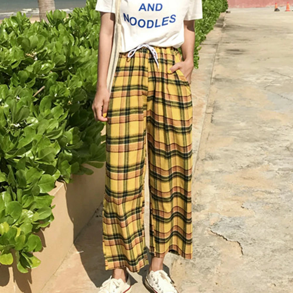 

Oeak 2019 Fashion Vintage Style Pant Women Yellow Plaid Harajuku Trourse Summer Autumn Casual Drawstring Wide Leg Cotton Pants