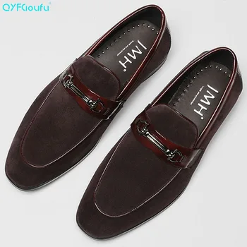 

QYFCIOUFU New Design Autumn Suede Genuine Leather Formal Shoes Men Slip On Loafers Breathable Mens Dress Shoes Wedding Shoes