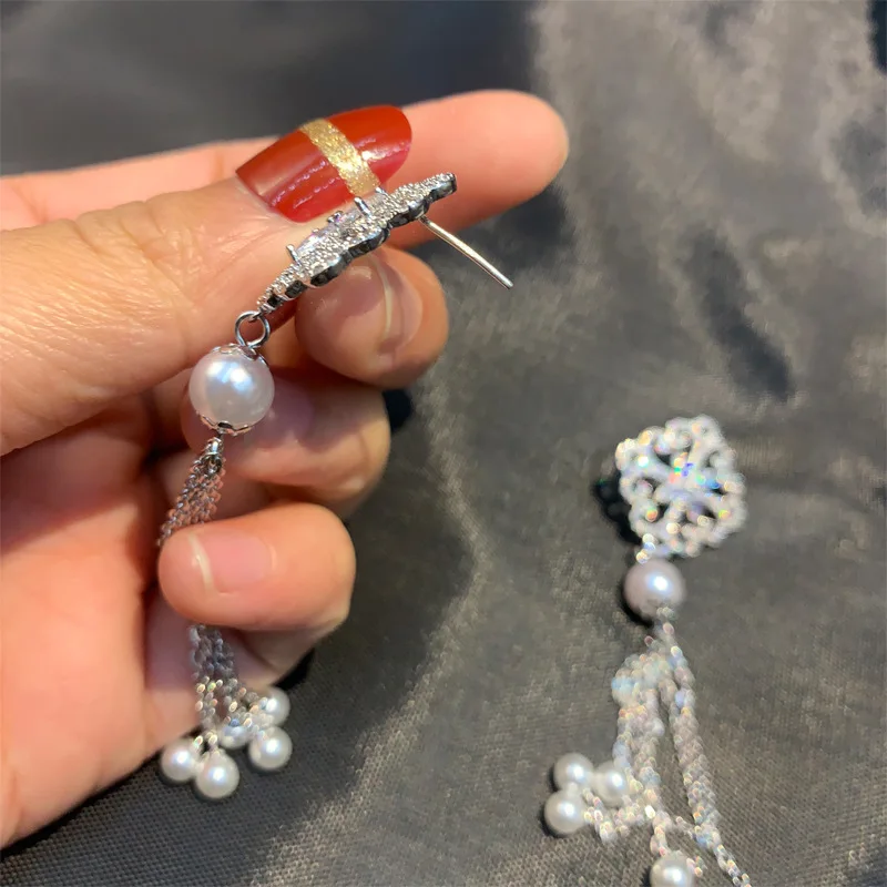 Серьги-гвоздики из серебра S925 пробы, новая мода, полые цветы, жемчуг и CZ кисточка, цепочка, подвеска, серебряные серьги, свадебные женские ювелирные изделия