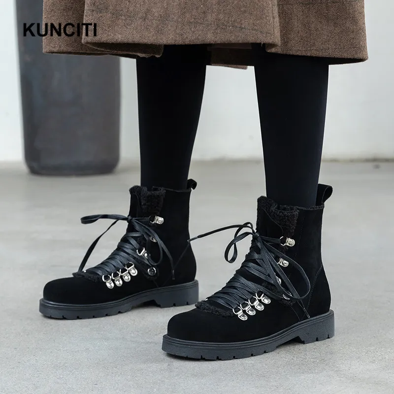 KUNCITI/ женские зимние ботинки на шнуровке с заклепками; цвет коричневый, черный; Botas Mujer; высокое качество; большие размеры 34-42; D9234