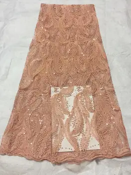 

2019 Embroidery Peach Gold Line Lace with Sequins Hot Sale African French Tulle Mesh Lace Fabric Sequins Lace Fabric for Bridal