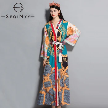 

SEQINYY Maxi Dress 2020 Autumn Winter New Fashion Design Long Flare Sleeve Women Flowers Vintage Print Straight Loose Dress Belt