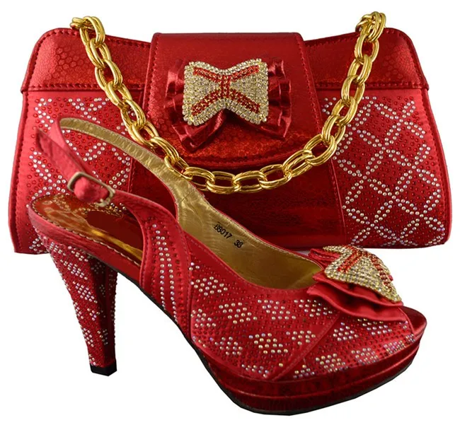 

Popular red African women pumps match handbag set with stone buterfly decoration for party B8017,heel 11cm
