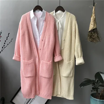 

Black Long Sweater Women 2019 New Autumn Winter Crochet Knitted Cardigan Female Pink Coat Loose Pocket Casual Sweaters Jacket