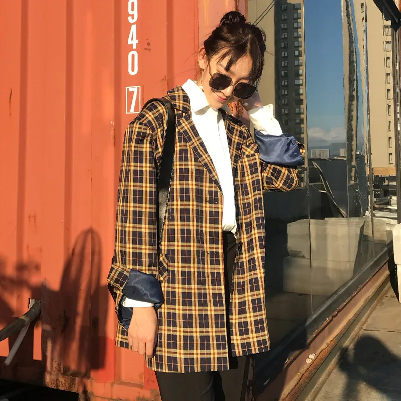 

Hong ga Pattern Contrast Color 2019 New Style Loose Retro England Pattern Plaid Early Spring Small Suit Coat Women's