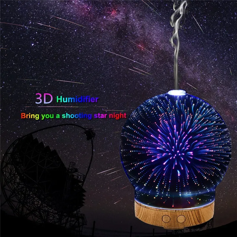 3D фейерверк Стекло круговой Форма увлажнитель воздуха с светодиодный ночной Светильник арома-диффузор для эфирных масел, тумана, увлажнитель воздуха