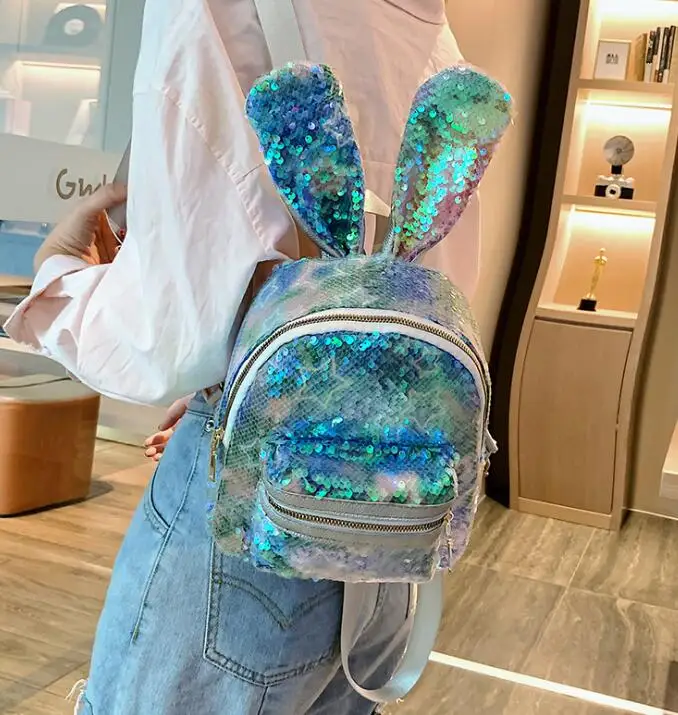 same as picture Женский кролик украшение для ушей рюкзаки для девочек модная шикарная женская школьная сумка панельные уличные блестки Наплечные рюкзаки - Цвет: same as picture