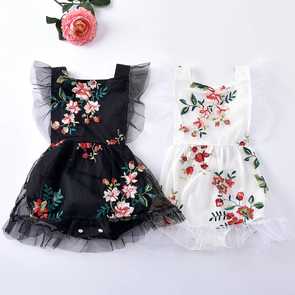 Summer Newborn Infant Baby Girls Sleeveless Mesh Floral Embroidery Ruffles Ruched Tulle Dress Romper Jumpsuit Outfits Clothes#p4 | Мать и
