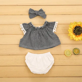 

Kids Girls Clothes Sets Summer Casual Plaid Blouse Sleeveless T Shirt Short Pants Free Hair Band Kit Baby Clothing Sets 0-2Y