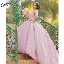 Розовое Бальное Платье с длинными рукавами Бальные платья с цветами ручной работы кружево с аппликацией из жемчуга сладкий 16 платье Vestidos 15 Anos