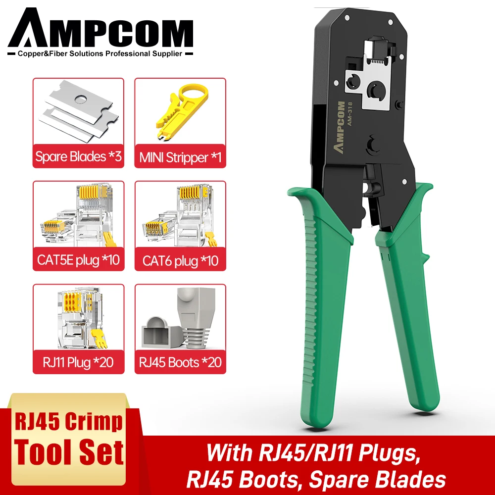 AMPCOM RJ45 Crimping Tool, 8P/6P-RJ11, RJ12 Crimper Cutter Stripper Crimper Cutter Stripper Plier 