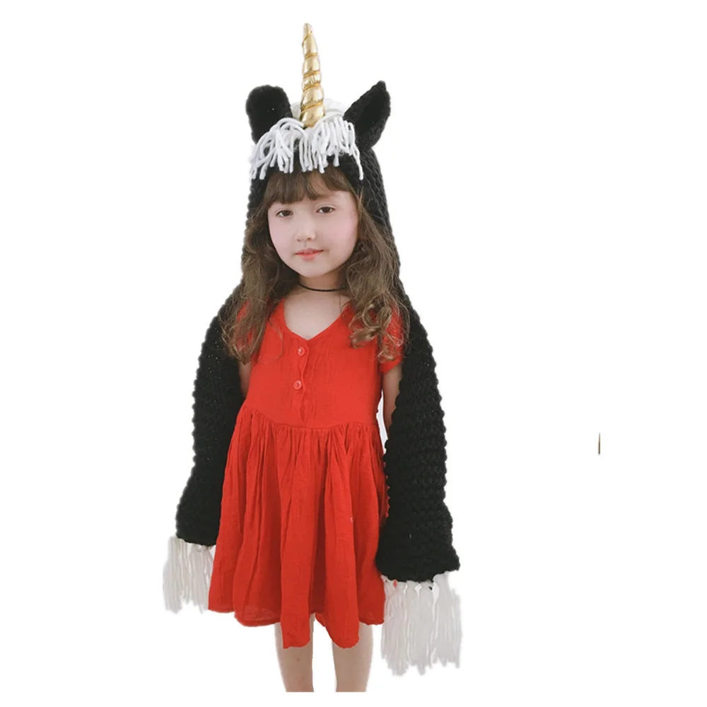 Зимние детские Unicorn шапки крючком мультфильм с шарфом карман с капюшоном вязаная шапка Косплей фотографии для мальчиков и девочек