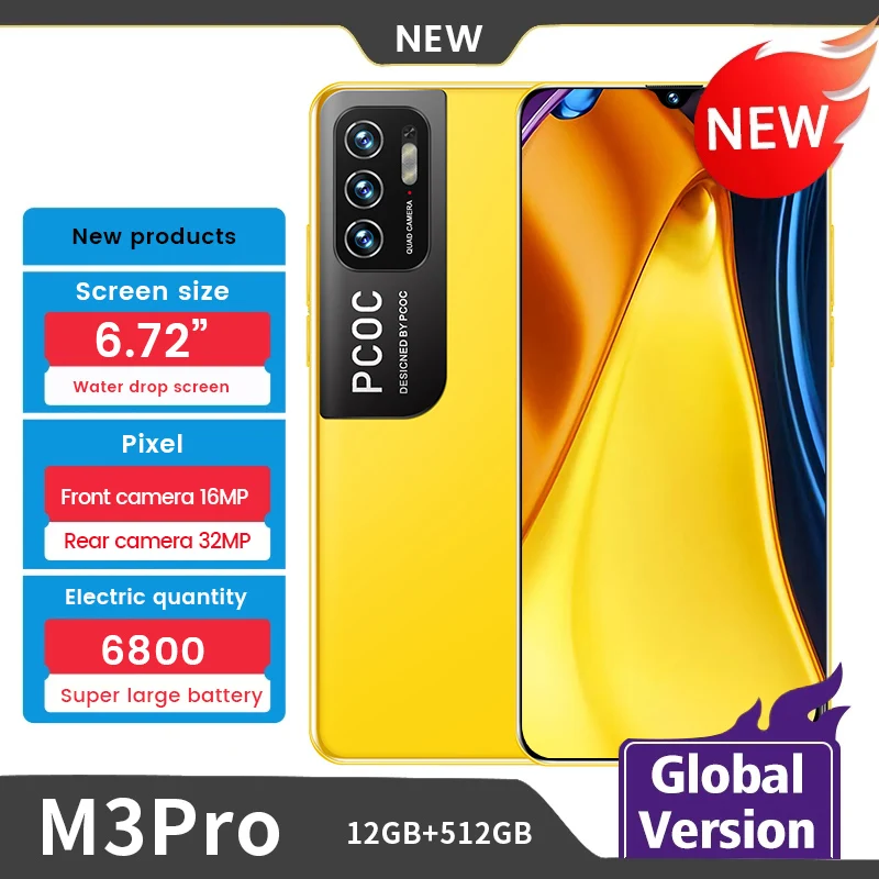 Global Version PCOC M3 Pro Smartphones 6.72 inch Dual SIM 512GB Andriod10 Phone MTK6889 10 Core 6800mAh 32MP Cellphones M3 Pro