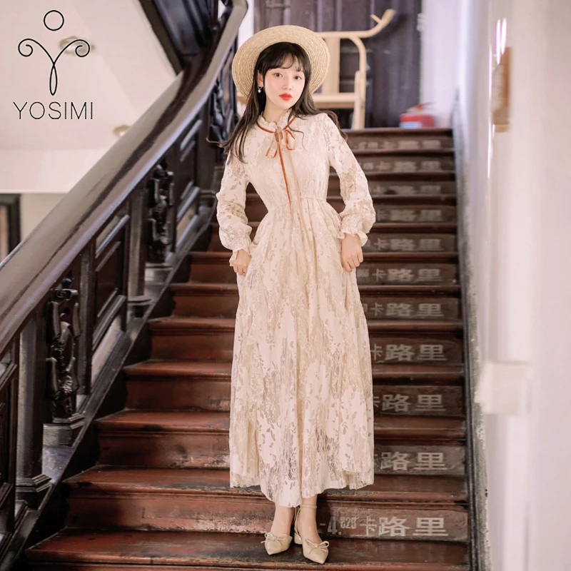 YOSIMI, осень, бежевое кружевное длинное женское платье, элегантные вечерние платья макси в винтажном стиле с длинным рукавом, вечерние платья