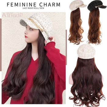 

AILIADE New Long Wavy Hat Wig Multicolor With Wig And Checked Navy Cap Newsboy Cap Natural Connection Synthetic Female wig Cap