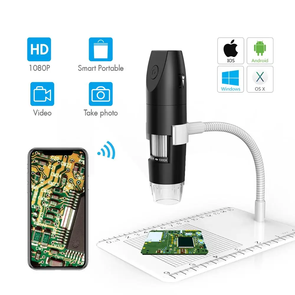 Светодиодный электронный микроскоп 1080P 1000X с Wi Fi цифровое увеличительное стекло