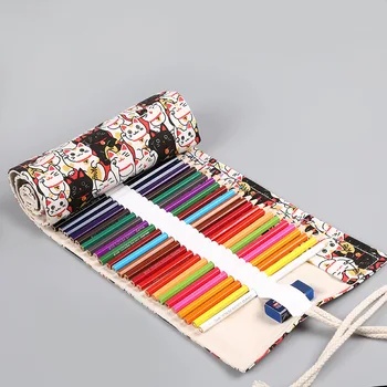 

Hand-Made Canvas Art Pen Curtain 36 48 72 Hole Large-Volume Fortune Cat Print Pencil Roll Lead Drawing Stationery Bag DC385