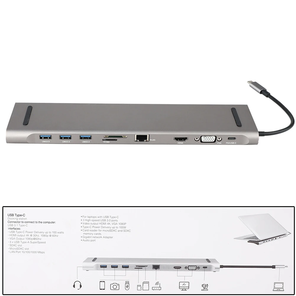 10 в 1 USB 3,0 USB C концентратор к HDMI 4K для Macbook Pro 3 порта USB C концентратор с концентратором 3,0 PD TF SD ридер для ноутбука type C