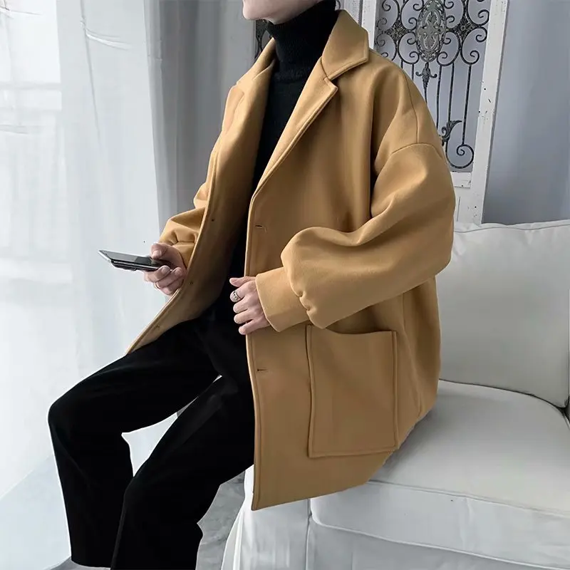 Woolen Coat Men's Fashion Solid Color Casual Long Woolen Jacket Men Streetwear Wild Loose British Style Coat Mens Overcoat M-3XL