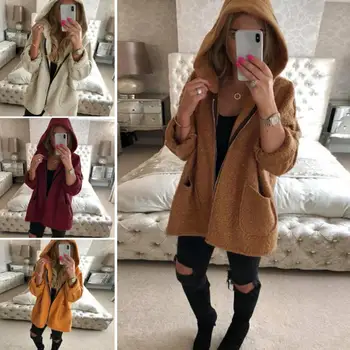 

Fashion Women Autumn Long Sleeve Solid Color Zipper Hooded Pockets Plushy Coat Ladies winter long cashmere cardigan coat