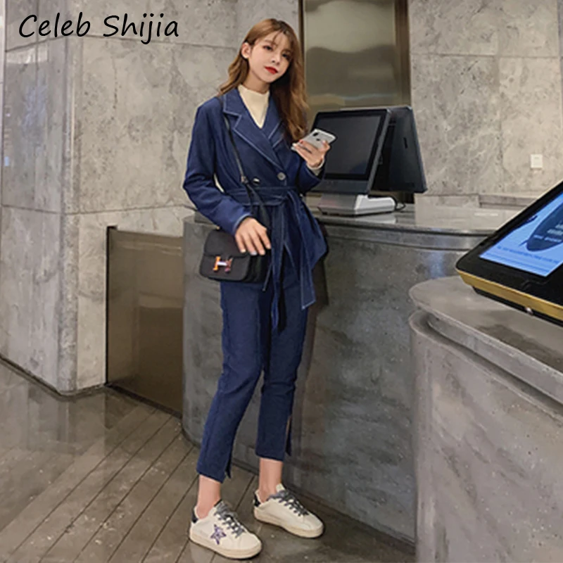 SHIJIA Woman Suit Pant Blue Silid Jacket Blazer& Harem Pant 2 Piece Set Blue Suit Female Street Wear Spring Autumn