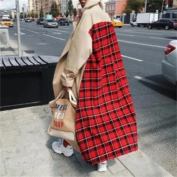 

Plaid Back Casual Turn-down Collar Double Breasted British Trench Coat Women 2019 Autumn Plaid Overcoat Coats Female Outwear