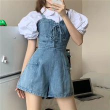 

E Girl Sweet New Short Denim Jumpsuit Romper Women Spring Summer Overalls Female Casual Fashion Short Playsuit Korean Japanese