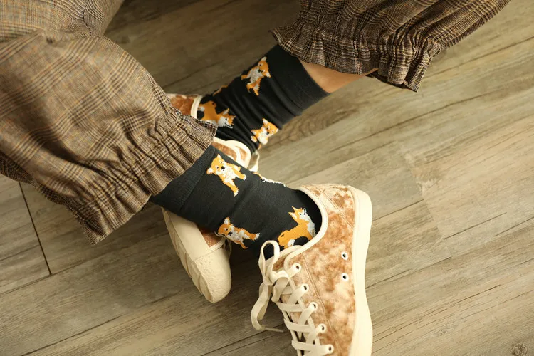 Новые милые Kawai Мультяшные женские носки из чесаного хлопка женские забавные собаки корги развивающая музыкальная игрушка Повседневные носки Harajuku