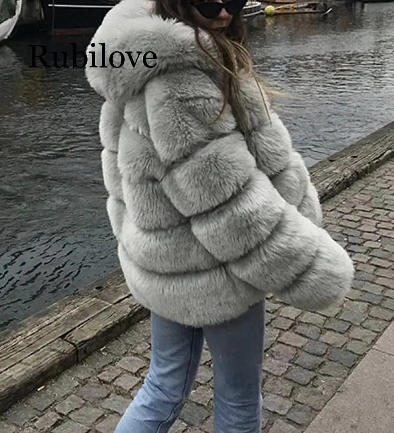 Rubilove, зимнее плотное теплое пальто из искусственного меха, женское, плюс размер, 3X, с капюшоном, с длинным рукавом, из искусственного меха, куртка, Роскошные зимние меховые пальто