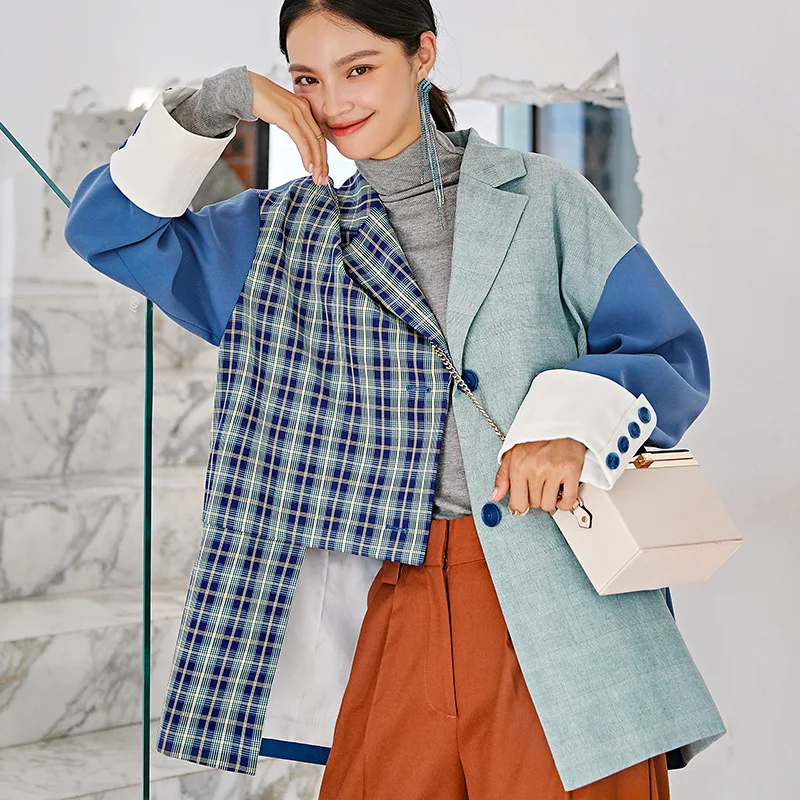 

Autumn 2019 New Suit Collar Wear Irregular Loose Color Checked Plaid Turn-down Collar Single Breasted Coats and Jackets Women