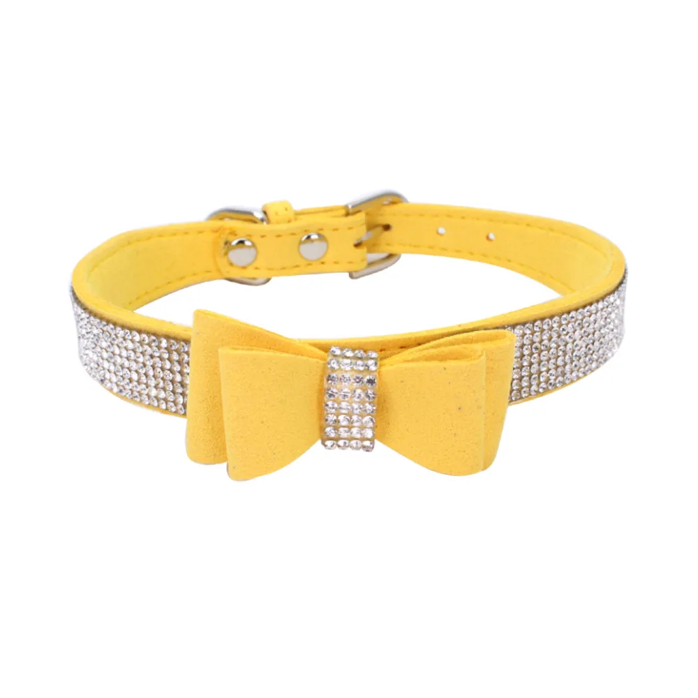 Bling Rhinestone Pet Collars Adjustable PU Leather Double-layer Microfiber Bowknot Cat Dog Collars For Small Medium Dogs Cats - Цвет: Yellow