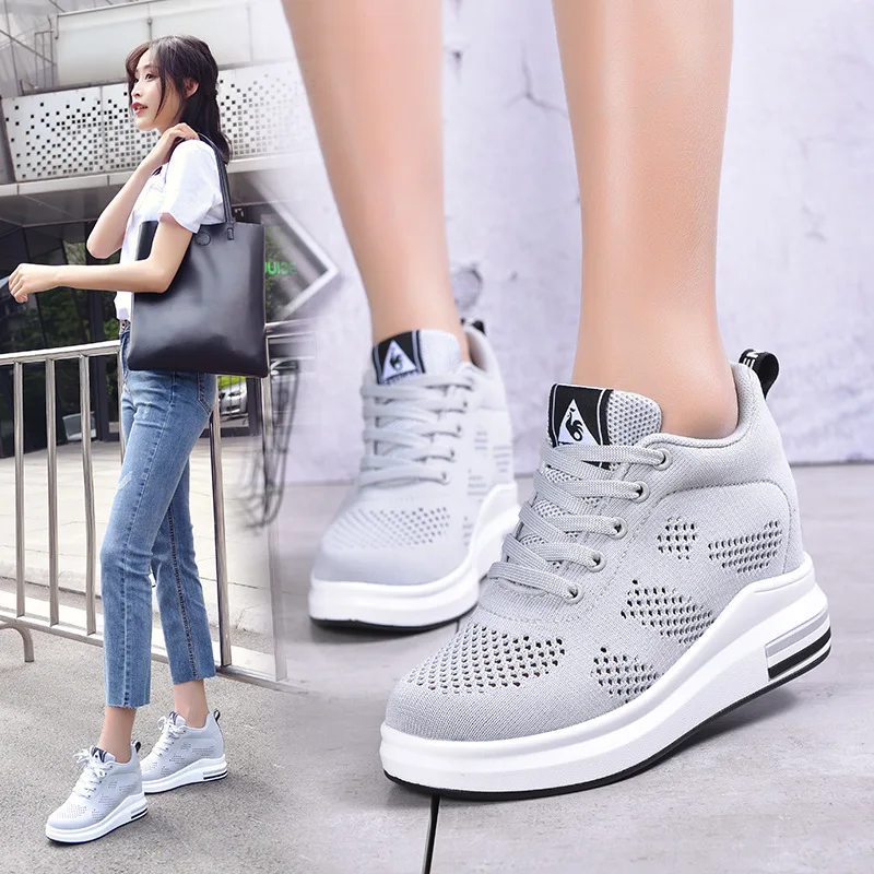 

Elevator WOMEN'S Shoes Slanted Heel Spring 2019 New Style Mesh Shoes Versatile Korean-style Elevator Shoes Breathable Thick Bott