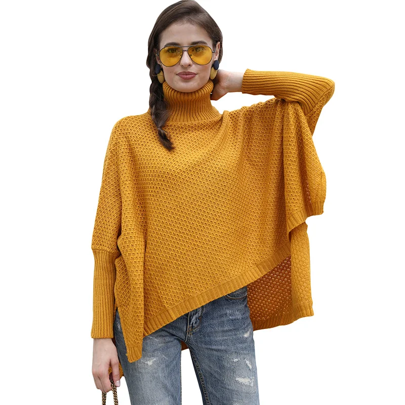 Knit Sweater Women Knitted Sweater Turtleneck Pullover Long Sleeve Split Irregular Solid Loose Jumper female Knitwear Pink Black