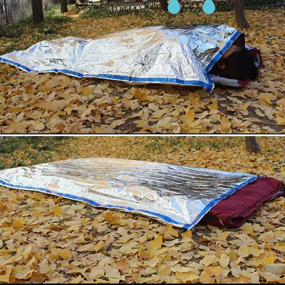1 м x 2 м аварийный спальный мешок из фольги, водонепроницаемый открытый спальный мешок для выживания, для кемпинга, термальный спальный мешок для улицы