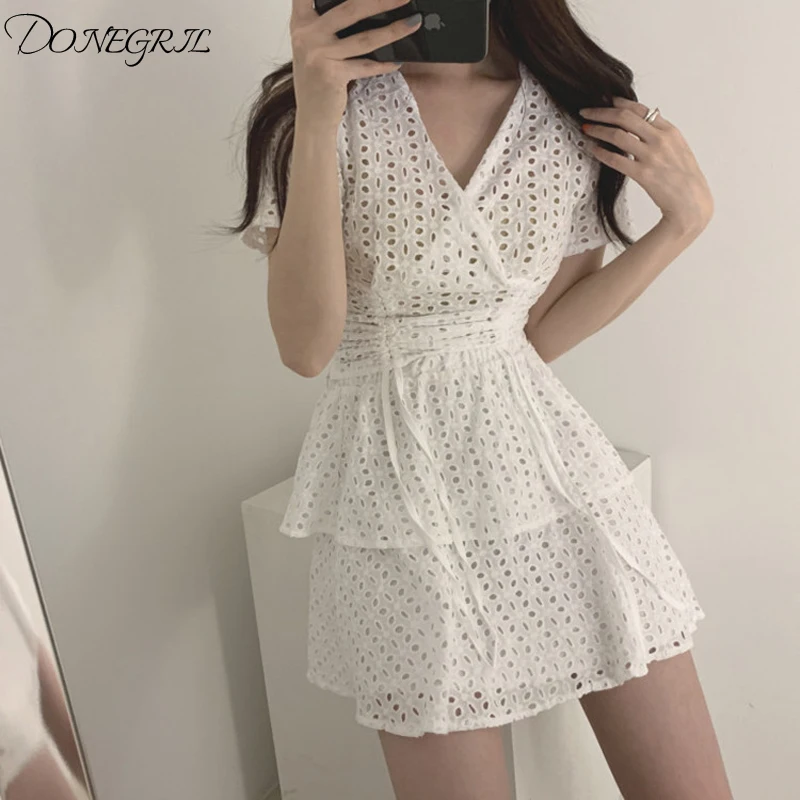 

2020 Hollow Out Waist-Controlled Slender V-Neck Vintage Sweet Women Short Sleeves Sexy Plus Top + Skirts Set