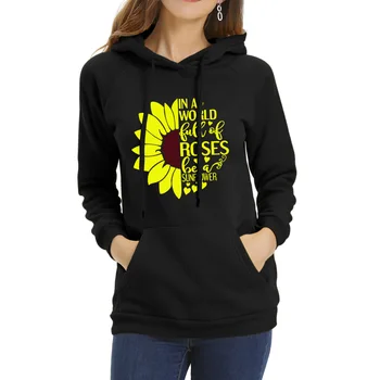 

Autumn and winter women's loose plus hooded sunflower letter women's sweater Black color