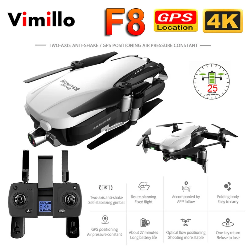 

Vimillo F8 GPS Drone 4K HD Camera Two-Axis Anti-Shake Self-Stabilizing Gimbal WiFi FPV Folding Aerial RC Helicopter Quadrocopter