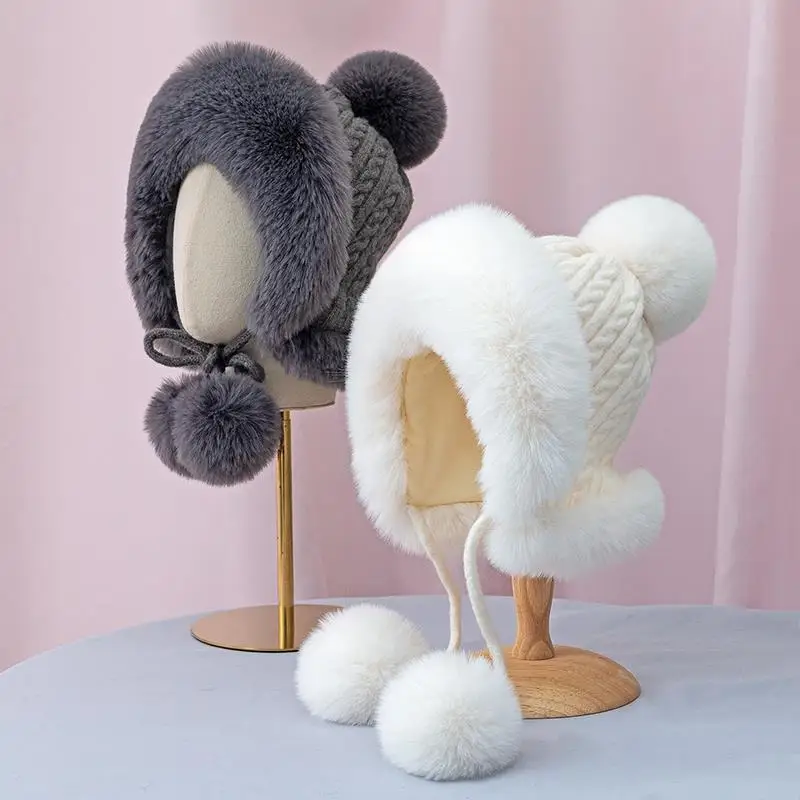 

Winter Women's Fluffy Imitated Rabbit Fur Earmuffs Wool Hat Plus Velvet Thickening Cold and Warm Ladies Fashion Hats for Women