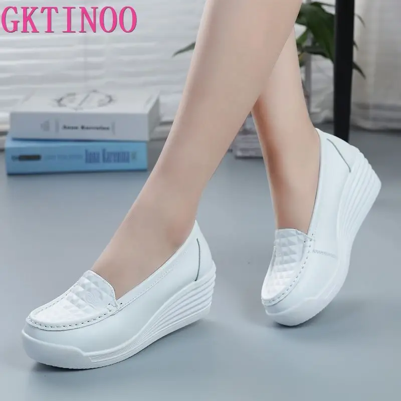 GKTINOO Women's Genuine Leather Sneakers Platform Shoes Wedges White Lady Casual Shoes Swing mother Size 34-40 soft leather shoes women shoes