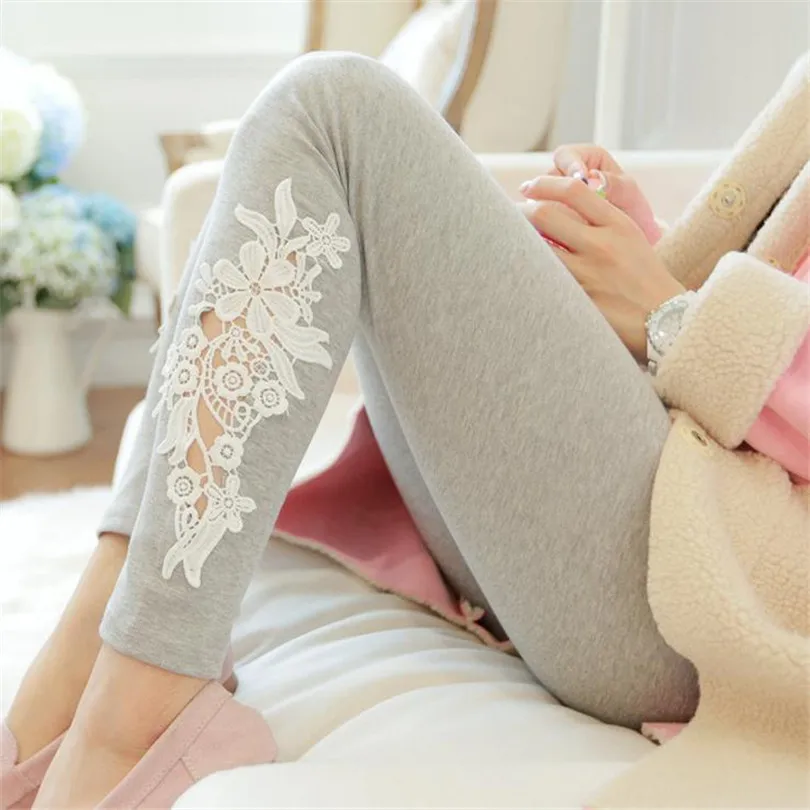 

LJCUIYAO Spring Autumn Women Side Lace Fashion Leggings Hollow Out Floral Lace Leggings Lady Black Gray Slim Pants Plus Size