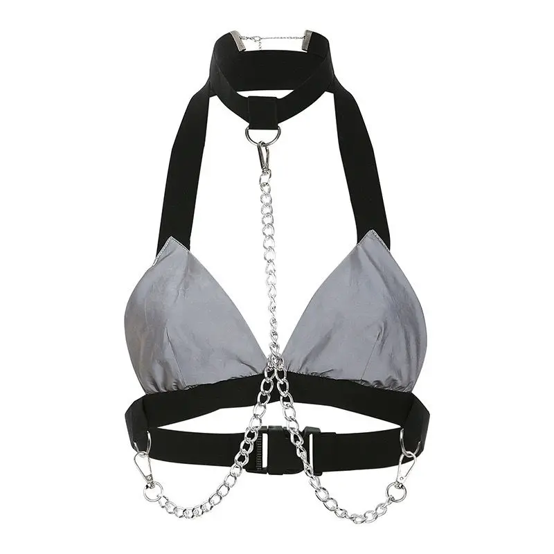 

Fashion Europe Hot Selling Women's Strapped Vest New Sexy Stitching halter Reflective Sling Backless with Characteristics Chain