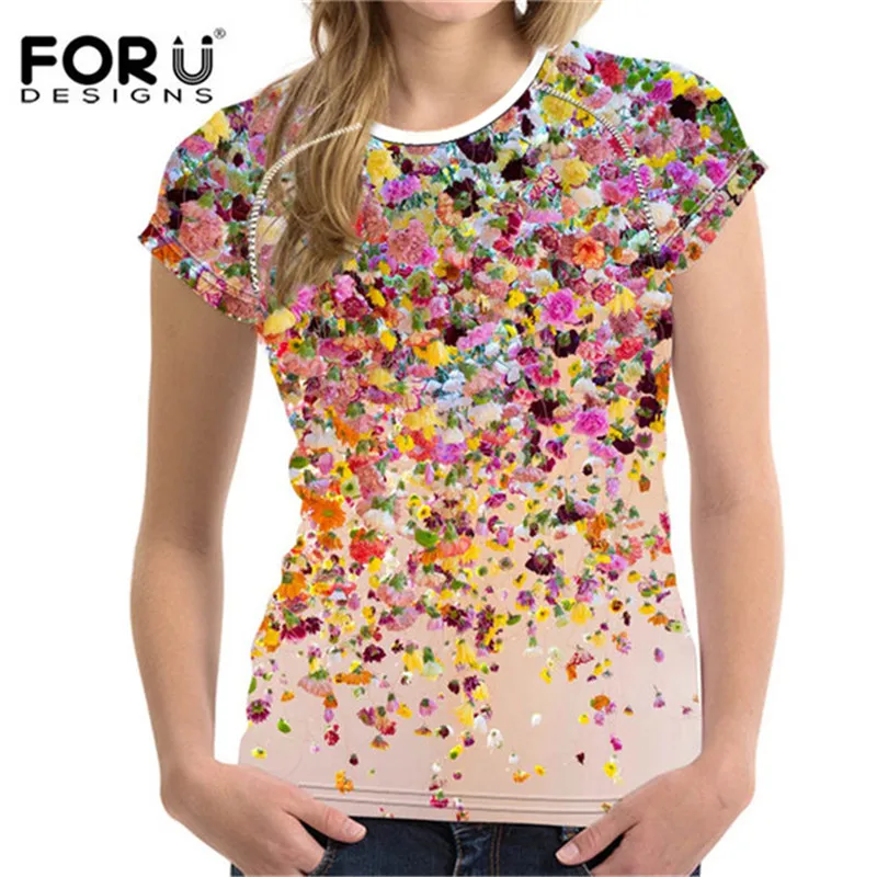 FORUDESIGNS/для женщин 3D Футболка цветочный принт топы с короткими рукавами Повседневная рубашка для дам эластичный тонкий мягкий бодибилдинг одежда - Цвет: MQ0010BV